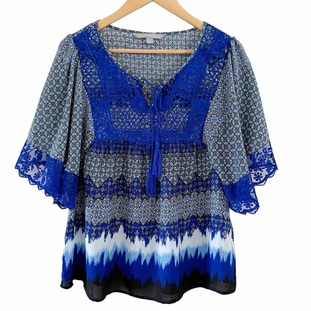 Boho Peasant Top Crochet Lace & Tassel Tie Hippie Chic Fairy Womens Large Petite